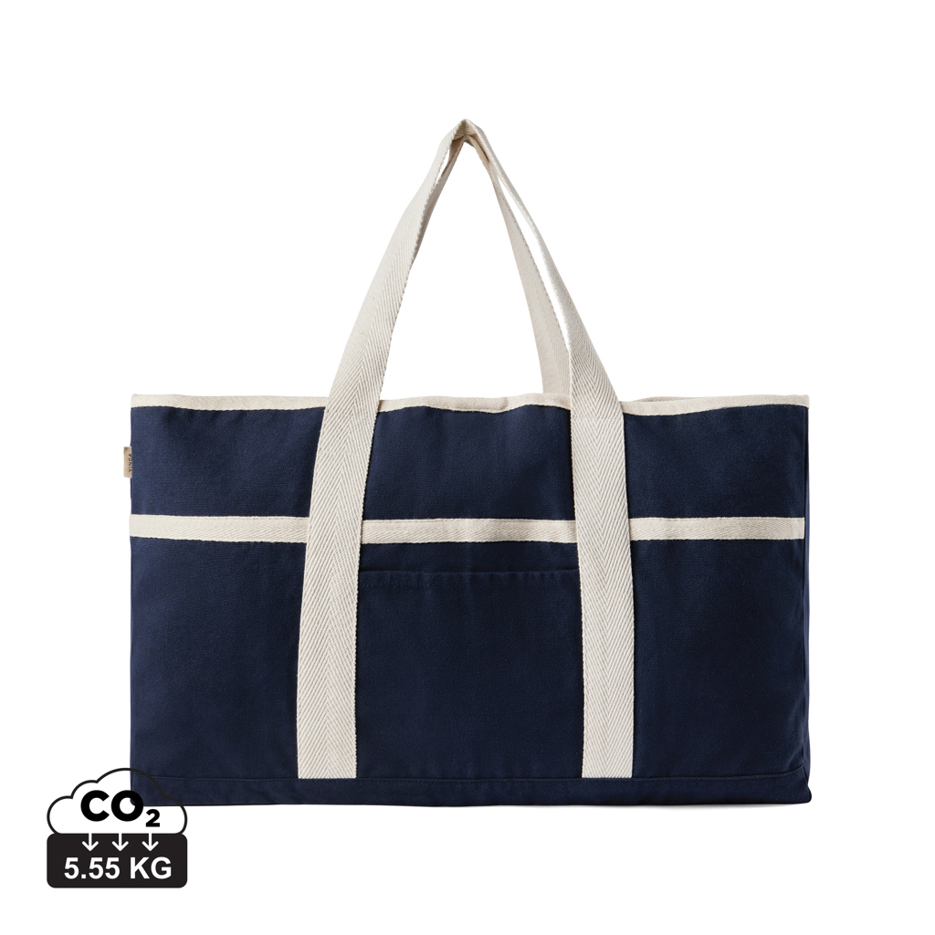Sac de plage toile recyclée personnalisé Volonne VINGA bleu et blanc cassé